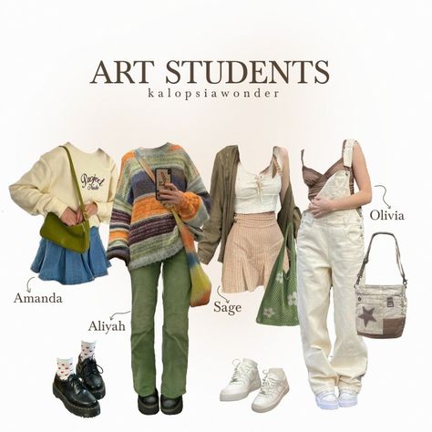 aesthetic outfit inspo for art students or back to university outfit inspo College Majors As Outfits Aesthetic, Art School Outfits Aesthetic, Artistic Clothing Aesthetic, Outfit Ideas For Artists, Art Casual Outfit, Outfits Inspired By Famous Paintings, Art Nerd Aesthetic Outfit, College Outfits Art Student, International Student Aesthetic Outfit