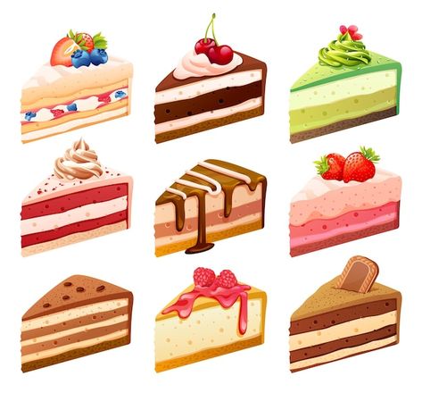 Set of various colorful cake slices cart... | Premium Vector #Freepik #vector #cake-cartoon #cute-cake #cake-illustration #cake Cartoon Cake Slice, Birthday Cake Clip Art, Red Birthday Cakes, Cake Clipart, Colorful Cake, Cake Slices, Cake Vector, Dessert Illustration, Cake Drawing