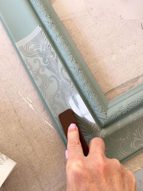 Picture Frame Repainting, Changing A Mirror Frame, Large Wall Mirror Redo, Painting Wooden Mirror Frame, Paint Plastic Mirror Frame, Mirror Frame Makeover Paint, Picture Frame Redo Ideas, Ideas For Mirror Frames, Upholstered Mirror Frame