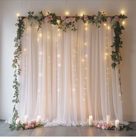 Flower Decoration Ideas Events, White Curtain Decoration Ideas, Sheer Backdrop With Greenery, Fairy Lights Backdrop Wedding, Sheer Curtain Backdrop With Lights, Wedding Decor Photo Backdrop, Bridal Decor Ideas, Backdrops For Bridal Shower Diy, Tulle Backdrop With Balloons