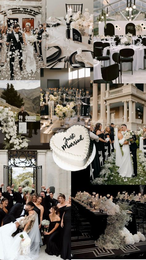 Glamorous Rustic Wedding, Black Tie Wedding Ideas Decor, Wedding Guests In White, Wedding Idea Color Schemes, Blake Tie Wedding, Wedding All White Decor, Wedding White And Black Theme, Black And Gold Vintage Wedding, Prettiest Wedding Colors