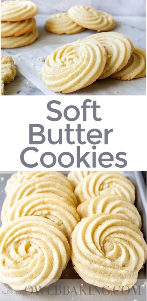 These Soft Butter Cookies are delicate, tender and are melt in your mouth buttery! These cookies have a classic swirl design that is impressive and so easy to make at home! This is the best, soft butter cookie recipe. Soft Butter Cookies Recipe, Soft Butter Cookies, Butter Cookie Recipe, Danish Butter Cookies, Recipe Cookies, Soft Cookies, Butter Cookies Recipe, Butter Cookie, Cookies Recipes