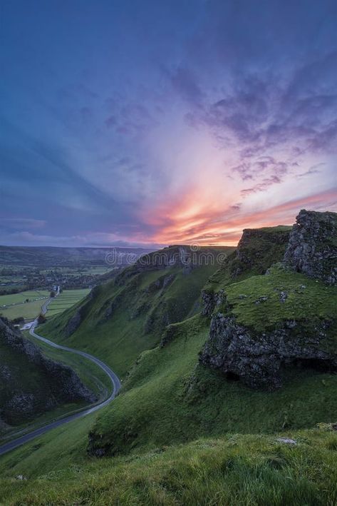 Stunning dramatic early Autumn dawn landscape image viewed along Winnats Pass in Peak District England royalty free stock image Snake Pass Peak District, The Peak District England, Peak District Aesthetic, Britain Landscape, Peak District England, Dawn Landscape, Autumn Sunrise, Vision Boarding, Manifesting Board