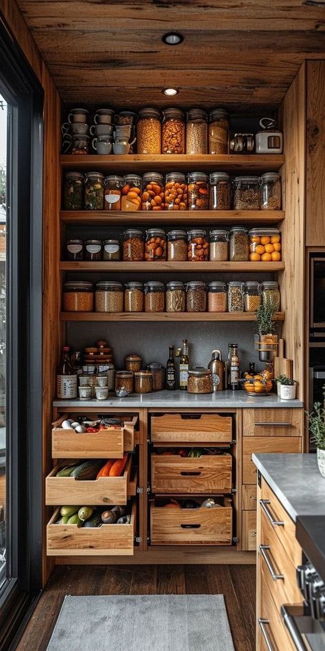 Kitchen Living Design, Dark Cottage Kitchen Ideas, Rustic Kitchen Interior, Farm Style Kitchen Decor, Earthy Kitchens, Woodsy Kitchen, Wooden Cabinets Kitchen, Kitchen Cabinet Alternatives, Organized Kitchen Cabinets