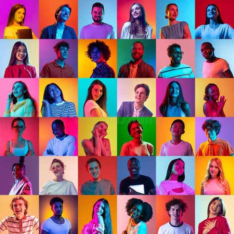 Collage of large group of ethnically diverse smiling people, men and women expressing cheerful emotions over neon royalty free stock photography Large Group Photo Ideas, Large Group Photography, Fun Group Photos, Large Group Photos, Neon Photo, Neon Stock, Instagram Grid Design, Colour Study, Smiling People