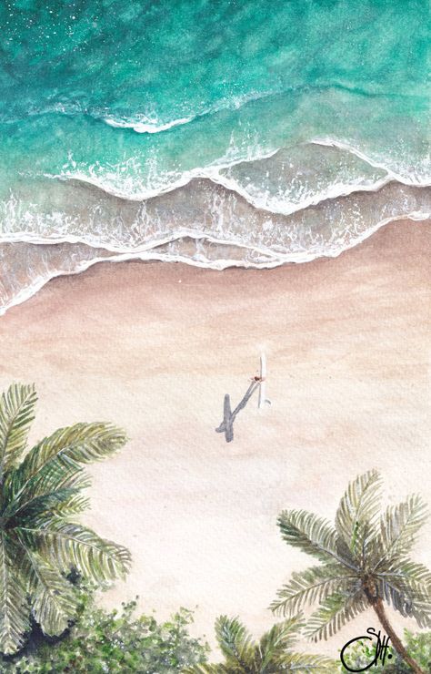 Seashore Watercolor Paintings, Tropical Beach Watercolor, Aerial Ocean Painting, Aerial Beach Painting, Tropical Watercolor Art, Watercolour Painting Ocean, Watercolor Surf Art, Beach Artwork Painting, Surf Watercolor Paintings