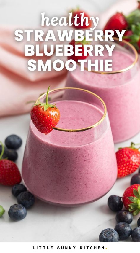 A simple Strawberry Blueberry Smoothie blended with protein-rich yogurt and a hint of cinnamon is a delicious and healthy way to start the day. Smoothie Strawberry Recipes, Blueberries Smoothie Recipes, Blueberry Smoothie Recipes, Smoothie Recipes With Greek Yogurt, Smoothies For Diabetics, Healthy Strawberry Smoothie, Strawberry Smoothie Recipe Healthy, Strawberry Blueberry Smoothie Recipe, Frozen Berries Smoothie