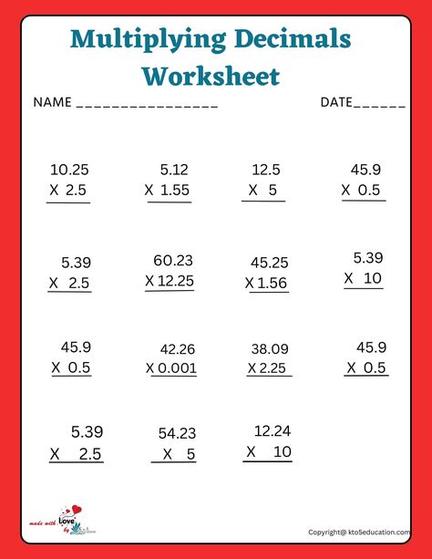 Whole Numbers Worksheets, Decimal Multiplication Worksheet, Multiplying Decimals Worksheet, Decimal Numbers Activities, Multiply Worksheet, Multiply Decimals, Decimal Multiplication, Math Fact Worksheets, Mental Maths Worksheets