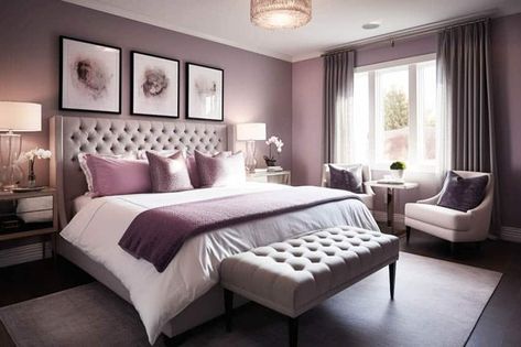 Purple Color Bedroom Ideas, Bedroom With Mauve Bedding, Neutral Bedroom With Purple Accents, Purple Aesthetic Decoration, Mauve And Grey Bedroom Ideas, Bedroom Decor Purple And Grey, Bedroom Inspirations Lavender, Master Bedrooms Decor Cozy Romantic Purple, Heather Bedroom Ideas