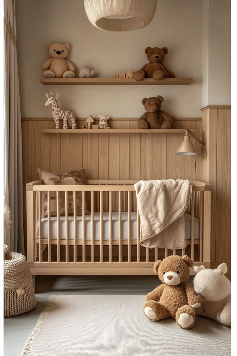 21 Modern Neutral Nursery Ideas You Will Love Nursery Room With Bed, Natural Baby Boy Nursery, Peter The Rabbit Nursery, Warm Nursery Ideas, Neutral Vintage Nursery, Nursery Bear Theme, Teddy Bear Themed Nursery, Simple Nursery Ideas, Teddy Bear Nursery Theme