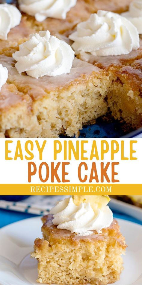 This made from scratch Pineapple Poke Cake recipe is the perfect refreshing summer dessert. Made with crushed pineapples and topped with a delicious soaking topping for a moist delicious cake. Pineapple Poke Cake Recipes, Pineapple Garnish, Pineapple Poke Cake, Dessert For Summer, Poke Cake Recipe, Flamingo Cake, Sweet Foods, Beach Food, Chocolate Oreo