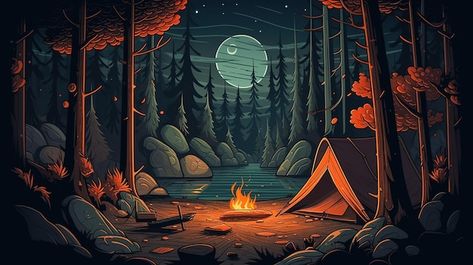 Fantasy Campsite Art, Camping Concept Art, Camping Background Landscape, Camping Aesthetic Drawing, Tent Illustration Camping, Camping Scene Drawing, Campsite Painting, Campsite Drawing, Camping Illustration Art