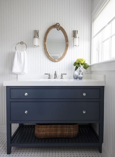 Coastal Bathroom Decor with Rope Mirror, Navy vanity sink and vertical shiplap walls via Elements of Style Modern Coastal Bathroom, Erin Gates Design, Coastal Bathroom Decor, Beach House Bathroom, House Elements, Coastal Bathrooms, White Quartz Countertop, Beach House Interior, Beach Bathrooms