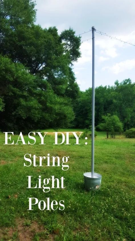 These mobile string light poles are the perfect easy DIY for spring.They can really be used anywhere. They would be great on a patio or around the pool, but, at the farm, I love using them to light up outdoor living spaces under the trees and around the garden.     Shopping List  6 gallon galvanized buckets 2 @ $15 each  Quikrete 2 @ $3 per 60# bag  2″ diameter 10-foot long gray electrical conduit tubes 2 @ $7 each  PVC caps 2 @ $2 each  +paint to match conduit tubes if needed… Backyard Party Decorations, Backyard Wedding Decorations, Diy Outdoor Weddings, Diy String Lights, Diy Outdoor Lighting, Backyard Trees, Diy Wedding Reception, Dance Floor Wedding, Diy Outdoor Decor