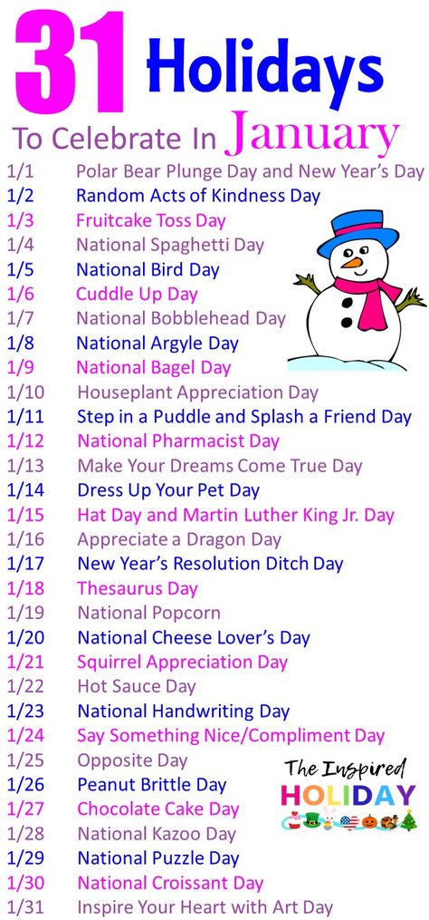 31 Holidays to celebrate in January. Make January even more festive with these wacky and silly #thingstodoinjanuary #januaryholidays #wackyholidays January Holidays Calendar, January 1st Traditions, Daily Holidays Calendar, National Days In January 2024, January Activities For Senior Citizens, 2023 Holiday Calendar, January Post Ideas, January Holidays 2023, January Office Activities