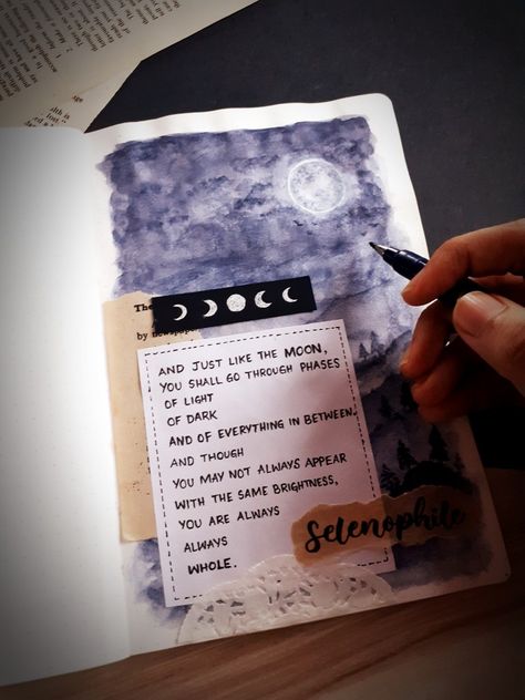 #moon #artjournaling #journal #selenophile #aesthetics #art #painting #watercolor #phases #artjournal Moon Journal Aesthetic, Moon Aesthetic Journal, Selenophile Journal, Moon Scrapbook Pages, Names For Journals, Moon Art Journal, Sketch Journal Aesthetic, Aesthetic Quotes For Journal, Asthetic Journalling