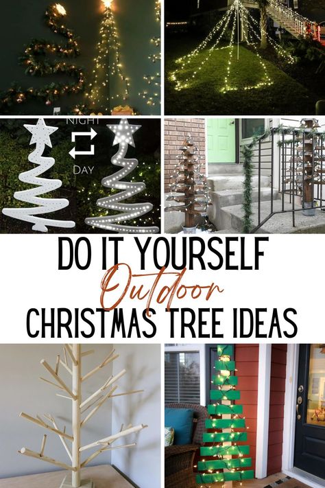 DIY outdoor Christmas tree ideas! Homemade Large Christmas Trees, Outdoor Christmas Tree For Porch, Outdoor Yard Christmas Tree, Pallet Grinch Christmas Tree, Yard Christmas Trees Diy, Diy Spiral Christmas Tree Outdoor, Diy Outdoor Christmas Tree With Lights, Diy Christmas Light Tree Outdoor, Christmas Tree Outdoor Decorations