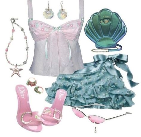 Fantasia Outfit Ideas, Seacore Outfit, Mermaid Clothes Aesthetic, Outfit Outline, Beach Gyaru, Y2k Instagram, Ashlynn Ella, Pink Pink Pink, Mermaid Core