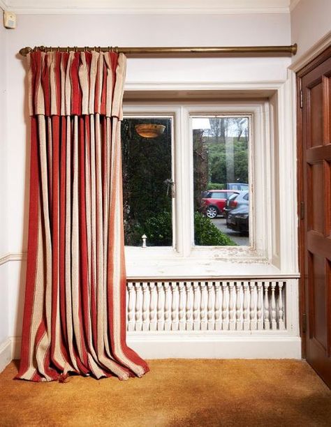 Red And Cream Curtains, Red And White Striped Curtains, Red Stripe Curtains, Maximalist Curtains, Red Curtains Bedroom, Hallway Curtains, Red And White Curtains, Blinds And Curtains Living Room, Ticking Stripe Curtains