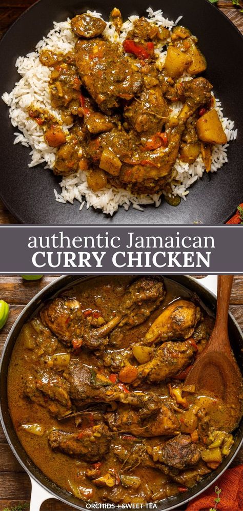 If you have ever had Jamaican food, you know it’s all about flavor and spice! Embrace the heat with my Authentic Jamaican Curry Chicken recipe. With a fragrant blend of spices and tender chicken simmered in a sauce of hot peppers, chicken stock, garlic, and creamy coconut milk, this dish is sure to transport you to the shores of Jamaica. A real nostalgic Jamaican comfort food dish. Completely Dairy free + Gluten free option. | jamaican curry chicken recipes | jamaican curry chicken authentic Healthy Jamaican Dinner Recipes, Jamaican Jerk Chicken And Rice, Easy Apartment Dinners, Jamaican Curry Recipes, Chicken Leg Indian Recipes, Indian Meal Recipes, Authentic Jamaican Curry Chicken, Curry Chicken Recipes Jamaican Crock Pot, Slow Cooker Jamaican Curry Chicken