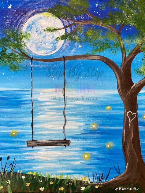 Whimsy Summer Swing Painting Tutorial - Step By Step Painting With Tracie Kiernan Easy Acrylic Painting, Arte Van Gogh, Simple Canvas Paintings, Summer Painting, Canvas Painting Diy, Acrylic Painting Tutorials, Step By Step Painting, Night Painting, Diy Canvas Art Painting