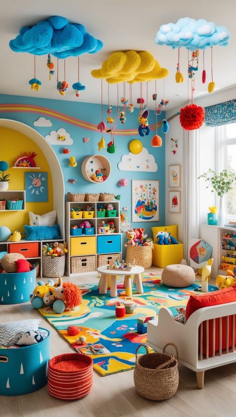 Toy Decoration Ideas, Storage For Toys In Bedroom, Toys Decoration Ideas, Baby Toys Organization Ideas, Organization Ideas For Kids Room, Baby Playroom Ideas Small Spaces, Colorful Kids Playroom, Bold Playroom, Playing Room Ideas