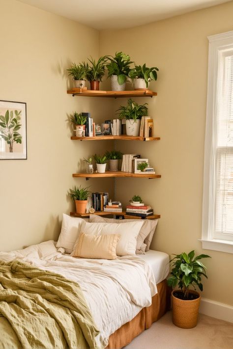 22 Small Bedroom Ideas Perfect Makeover 2024 – The Crafty Hacks Small City Bedroom Ideas, Bedroom Organization Ideas Aesthetic, Small Green Room Ideas, Small Apartment Vibes, 10 M2 Bedroom Ideas, Small Bedroom Ideas Maximalist, Shelves In Small Bedroom, Small Room Shelving Ideas, Small Room Design Bedroom Aesthetic Cozy