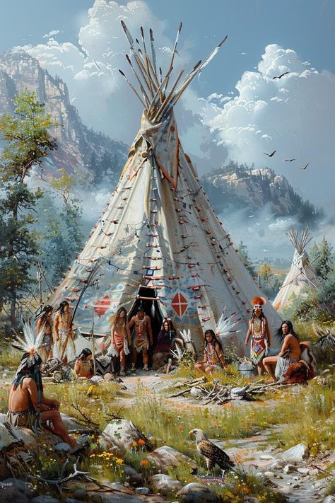 Native American Village, American Village, Native Culture, Mountain Men, Native American Pictures, Native American Artwork, American Symbols, Indian Tattoo, Children Playing