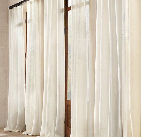 Alright people… See these drapes? They are beautiful right? Flowy, light, long, and perfect.  Of course they had better be for the  $129.99 PER PANEL at Restoration Hardware. I am going to let you in on a little secret,  you can make these same drapes for less than $15.00 for a SET of floor to … Muslin Curtains, Sewing Curtains, Traditional Curtains, Homemade Curtains, Linen Drapery, Cheap Curtains, Ikea Curtains, Yellow Curtains, Burlap Curtains