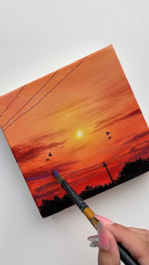 Aesthetic Painting Sunset, Golden Hour Painting Easy, How To Paint Sunset Acrylics, Acrylic Painting Canvas Sunset, Mini Square Canvas Paintings Easy, Mini Canvas Sunset Paintings, Easy Painting Ideas On Canvas Aesthetic Sunset, How To Paint The Sun, Easy Sunset Canvas Painting