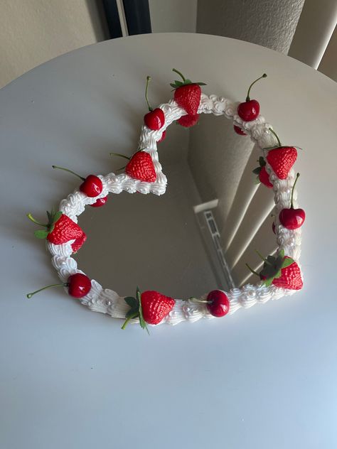 ready-to-ship cake heart mirror <3 Room Decor Diy Aesthetic Room Decor Diy, Food Mirror, Cake Mirror, Berries Cake, Cherry Decor, Ship Cake, Candy Decorations Diy, Girls Night Crafts, Cake Heart