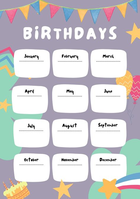 Birthday Reminder Printable - diy Thought Bakery Website, Class Birthdays, Birthday Reminder, Birthday Calendar, Birthday List, Birthday Poster, Family Birthdays, Important Dates, Free Birthday Stuff