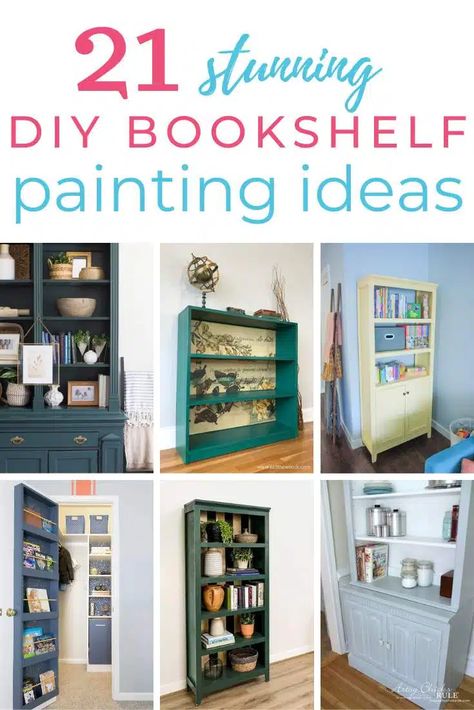 DIY Bookshelf Painting Ideas Redoing Bookshelf Diy, Plain Bookshelf Makeover, Bookshelf Makeover Diy Boho, Bookshelf With Wallpaper Backing Diy, Refurbished Shelf Bookcases, Painting A Bookshelf Ideas, Painting Wood Bookshelves, Billy Bookshelf Painted, Repaint Bookshelf Diy