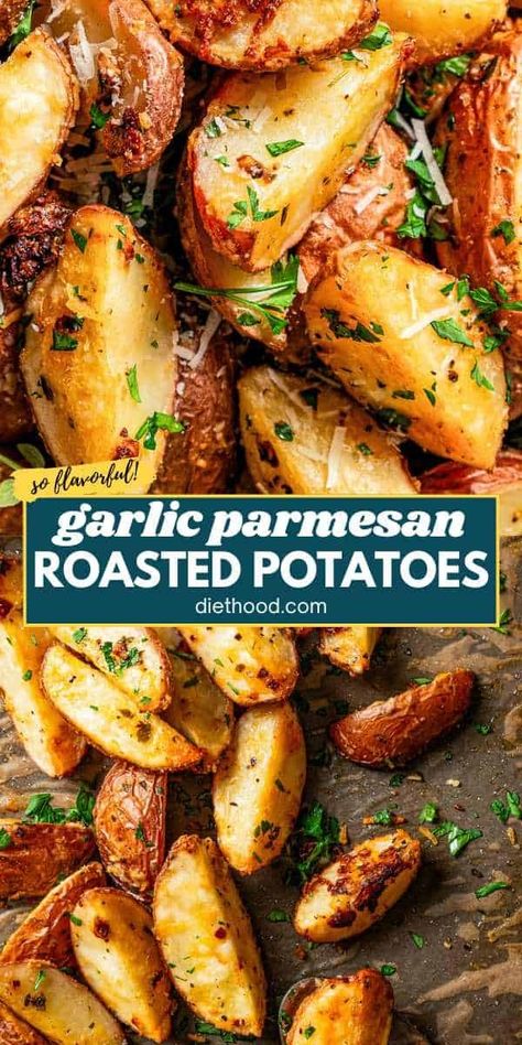 These easy garlic parmesan roasted potatoes are the best potato side dish! Extra crispy, with every bite coated in a savory blend of cheese, garlic, and herbs. Simple, flavorful, and anything but boring. #roasted #potatoes Easy Garlic Potatoes, Best Roasted Red Potatoes Oven, Easy Red Potato Recipes Quick, Roasted Garlic Potatoes Oven, Roasted Peppers And Potatoes, Easy Fancy Potatoes, Roasted New Potatoes Recipes Ovens, Roasted Potatoes With Parmesan Cheese, Garlic Parm Roasted Potatoes