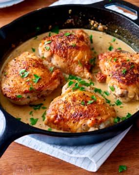 Jamie Oliver's 5-Ingredient Creamy Mustard Chicken | Kitchn Mustard Chicken Thighs, Chicken Thighs Dinner, Mustard Chicken Recipes, Chicken Skillet Recipes, Easy Chicken Thigh Recipes, Jamie Oliver Recipes, Mustard Chicken, Braised Chicken, Quick Chicken