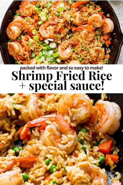 Shrimp Fried Rice Recipe - the BEST homemade shrimp fried rice recipe with the most amazing, flavorful sauce! Easy and delicious! #shrimpfriedrice #shrimpfriedricerecipe #shrimpfriedriceeasy #shrimpfriedricechinese Shrimp Rice Stir Fry, Chicken Shrimp Stir Fry Recipes, Stir Fried Shrimp Recipes, Shrimp Fried Rice With Yum Yum Sauce, Fried Rice With Shrimp Recipes, Asian Shrimp Stir Fry, Lobster And Shrimp Fried Rice, Teriyaki Shrimp Fried Rice, High Protein Shrimp Fried Rice