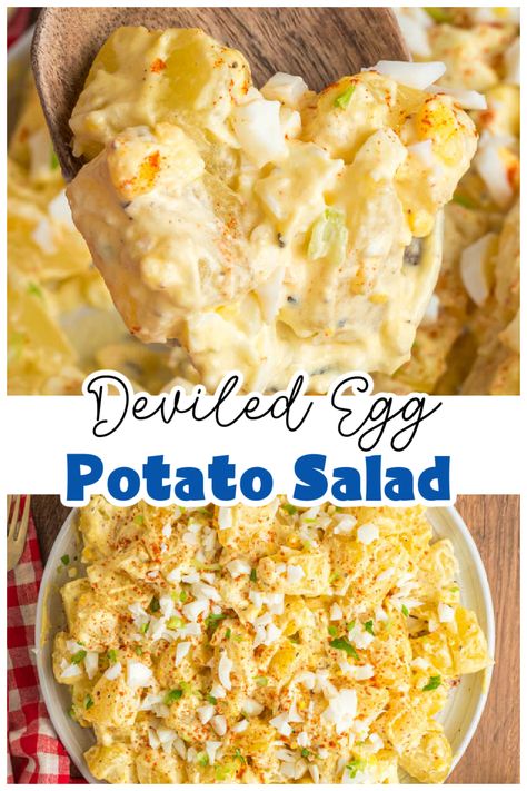 Indulge in the ultimate comfort food with our mouthwatering Deviled Egg Potato Salad recipe! Creamy potatoes, crunchy celery, and zesty onions blend harmoniously with silky smooth deviled egg filling for a dish that's sure to impress. Perfect for picnics, barbecues, or cozy family dinners. Try it today Deviled Egg Potato Salad Recipe, Egg Potato Salad Recipe, Deviled Egg Filling, Egg Potato Salad, Deviled Egg Potato Salad, Potato Salad Recipes, Homemade Potato Salads, Potatoe Salad, Egg Potato