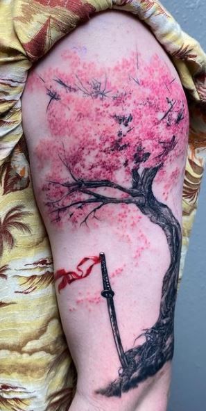 Sleeve Tattoos Cherry Blossom, Samurai And Cherry Blossom Tattoo, Sakura Samurai Tattoo, Traditional Japanese Tattoos Cherry Blossoms, Watercolor Tattoo Cherry Blossom, Sakura Tree Tattoo Men, Forearm Cherry Blossom Tattoo, Cherry Blossom Tree Tattoo On Arm, Samurai Cherry Blossom Tattoo