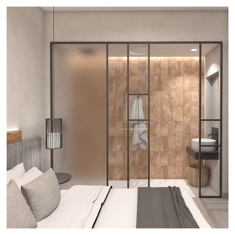 Open Bedroom Bathroom Layout Modern, Combined Bedroom And Bathroom, Open Bathroom Ideas In Bedroom, Shower In Bedroom Ideas, Bathrooms In Bedrooms Open, Shower Bedroom Open, Showers In Bedrooms, Open Concept Bedroom And Bathroom And Closet, Open Concept Bathroom And Bedroom