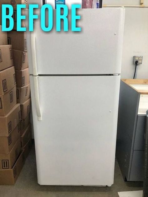 Transform an Old Fridge #diy #upcycle #makeover #refridgerator Reface Refrigerator, White Fridge Black Handles, Diy Paint Fridge, Update Refrigerator Fridge Makeover, Vinyl On Fridge, Painted Appliances Diy, White Fridge Decor, Can You Paint Appliances, Fridge Handle Diy