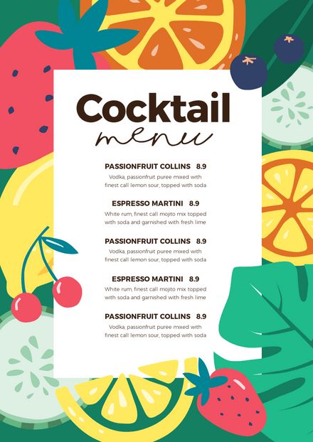 Fruit Menu Design, Summer Drink Menu, Drink Menu Template, Summer Cocktail Menu, Eco Logo Design, Drink Menu Design, Juice Menu, Menu Maker, Menu Design Inspiration