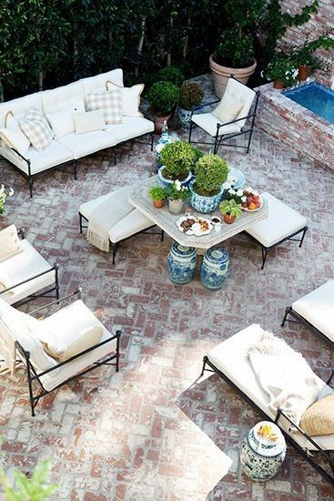 Patio House Ideas, Brick Courtyard, Brick Patio, Rustic Backyard, Backyard Spaces, Brick Patios, Paver Patio, Garden Stool, Back Patio