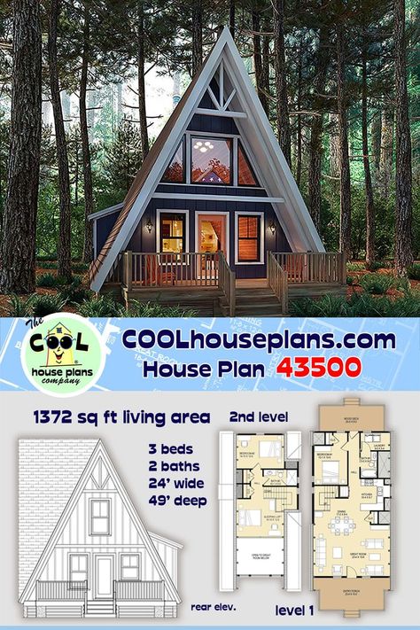 Brand new and amazing, A-Frame Style house plan with a narrow floor plan. Start with a beautiful window wall rising up from a deep entry porch. Enter into the great room/Dining/Kitchen. Bedroom 1, laundry room and utility room finish the first floor. Upstairs bath 2, bed 2 and a sleeping loft with a view. Out back a 20x8 deck. Several finished photos at the link provided. #aframe #mountainhouseplan #Contemporary #vacationhouseplan A Frame Floor Plans, A Frame Cabin Plans, House Plan With Loft, Narrow Lot House, A Frame Cabins, A Frame House Plans, Cabin House, Cabin House Plans, A Frame Cabin