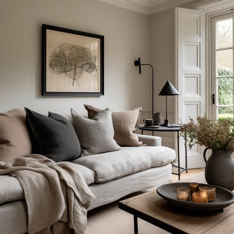 "Step into the world of neutral tones and discover the magic they bring to your living room. Our curated set of black, grey, and beige cushions on a cream sofa provides a balanced blend of subtlety and charm. 🌆 Shop now and use CMC10 for an exclusive 10% off your purchase. Let the neutrals reign supreme in your decor! 🎨 #cushioncover #cushion #cushions #cushioncovers #homeinspo #homedeco Brown Beige Grey Living Room, Grey Couch With Neutral Pillows, Cream Grey And Brown Living Room, Grey Sofa Neutral Cushions, Living Room Inspiration Neutral And Black, Beige Couch Cushion Ideas, Beige And Black Decor Living Room, Cream Sofa Black Cushions, Beige With Black Living Rooms