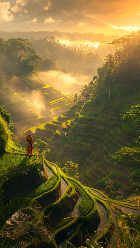 Stunning view of one of the most beautiful places in Indonesia at sunrise, featuring terraced rice fields and a person in traditional attire standing on a lush green hillside. Lake Toba, Most Beautiful Places To Visit, Pretty Views, Komodo Island, Coral Garden, Gili Island, Beautiful Places On Earth, Travel Spots, Ancient Temples