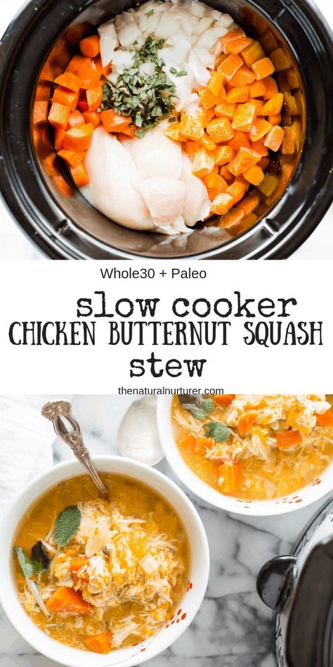 Loaded with protein and amazing veggies, Slow Cooker Chicken & Butternut Squash Stew is easy to throw together, hearty, full of flavor and is the perfect meal to make on a busy day. #Whole30soup #Paleosoup #whole30slowcooker #glutenfree #dairyfree #healthyslowcookerrecipe #veggieloadesoup Paleo Running Momma Soup, Fancy Paleo Dinner Recipes, Whole 30 Recipes Slow Cooker, Autumn Slow Cooker Recipes, Slow Cooker Whole 30, Chicken Butternut Squash Stew, Slow Cooker Paleo Recipes, Crockpot Whole 30, Dairy Free Slow Cooker Recipes