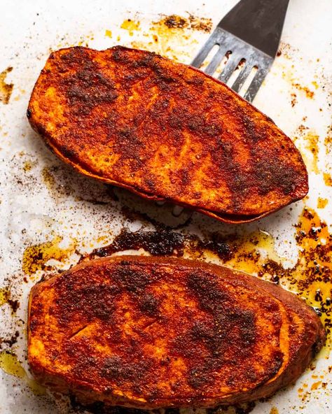 Making Roasted sweet potato steaks Sweet Potato Steak, Chilli Toppings, Sweet Potato Tahini, Sweet Potato Sauce, Recipe Tin Eats, Tin Eats, Sweet Potato Recipe, Tahini Paste, Roasted Sweet Potato