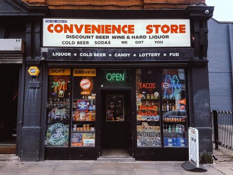 Convenience Store Bar, Manchester Cool Convenience Store, Store Fronts Design, Store Sign Design, Mini Convenience Store, Convenience Store Design, Neon Pizza, Uk Restaurants, Mini Mart, Break Ideas