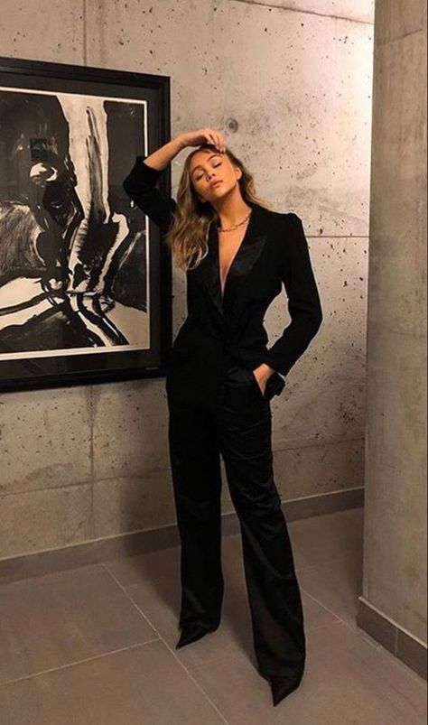 Deep V Suit Women, Women Suits Wedding Black, Women Suit Outfits Party, Mens Suit With Necklace, Women Black Formal Outfit, Going Out Suit Women, Pantsuit Women Aesthetic, Cocktail Party Outfit Nonbinary, Black Suit Inspo Women