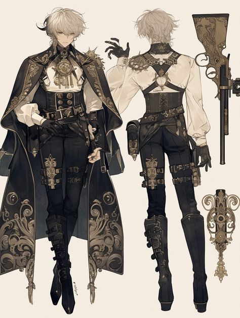 Monster Hunter Outfit Male, Magical Outfits Drawing Male, Victorian Steampunk Fashion Male, Steampunk Man Outfit, Corset Men Drawing, Victorian Steampunk Men, Fantasy Clothes Reference Male, Masculine Victorian Clothing, Fancy Fantasy Outfits Male